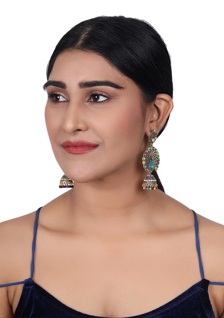Multicolour Artificial Stone Bead Jhumka Earrings - Indya