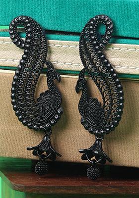 Black Metal Painted Peacock Shape Drop Earrings