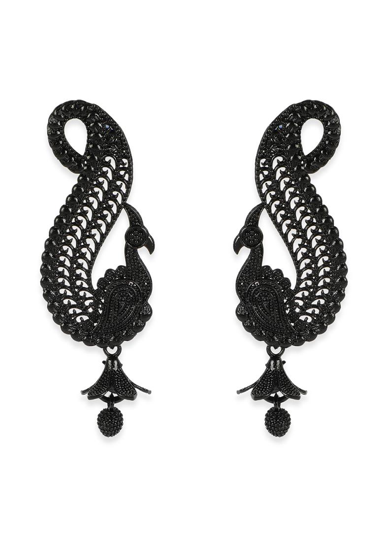 Black Metal Painted Peacock Shape Drop Earrings - Indya