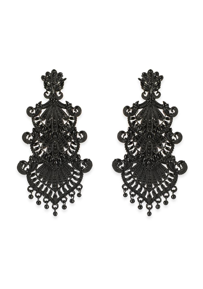 Black Metal Painted 3 layered Drop Earrings - Indya