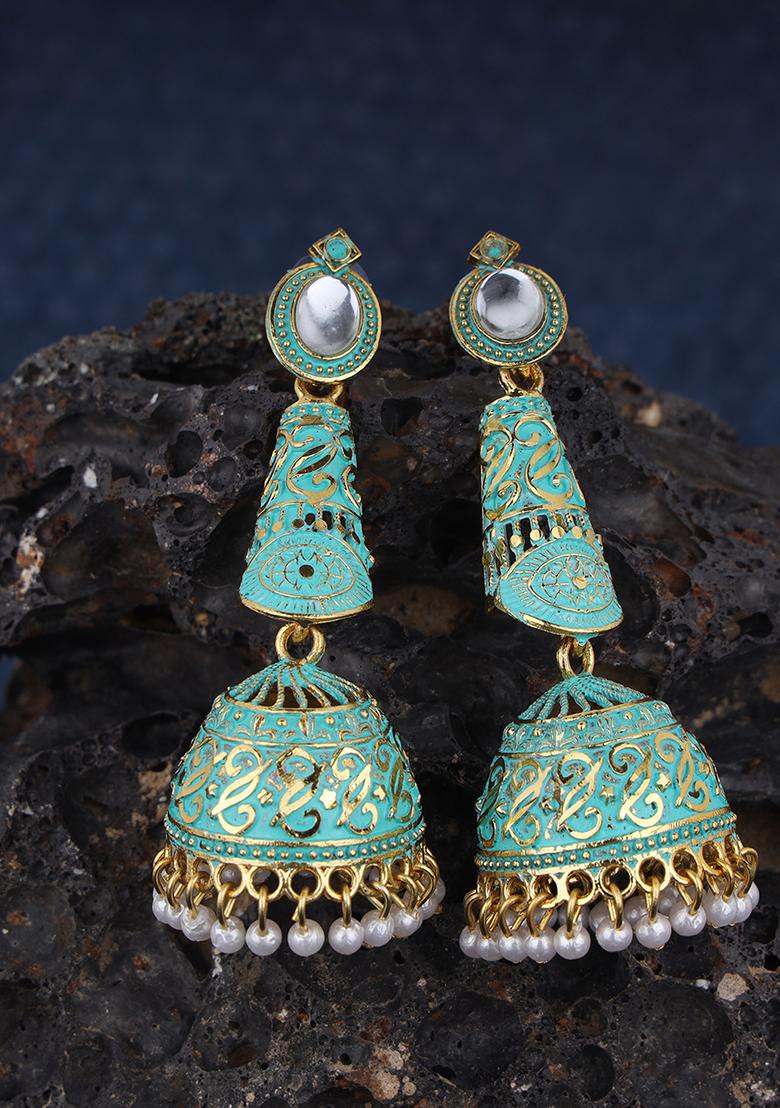 Sea Green Artificial Stone Bead Jhumka Earrings