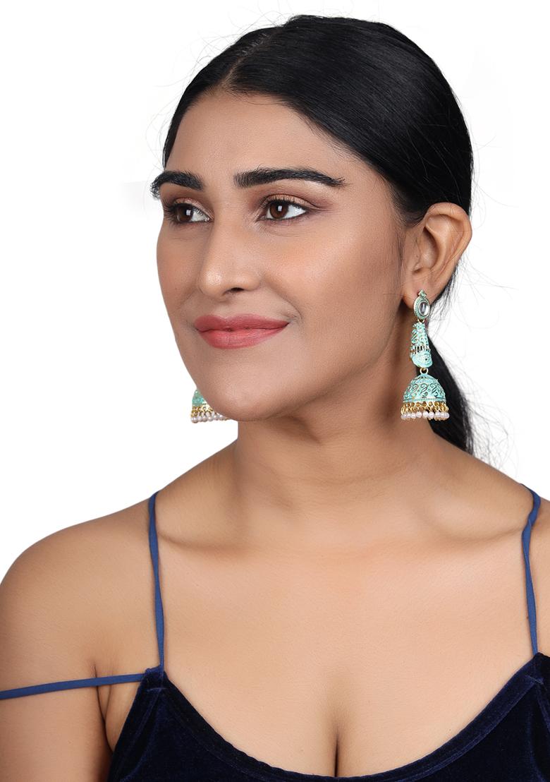 Sea Green Artificial Stone Bead Jhumka Earrings