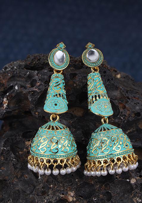 Sea Green Artificial Stone Bead Jhumka Earrings