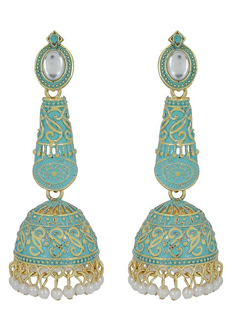 Sea Green Artificial Stone Bead Jhumka Earrings