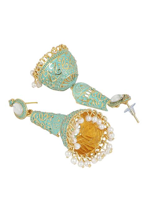 Sea Green Artificial Stone Bead Jhumka Earrings