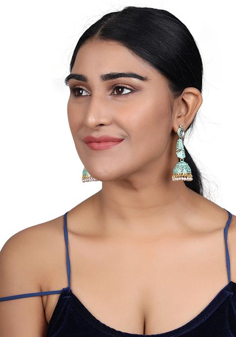 Sea Green Artificial Stone Bead Jhumka Earrings
