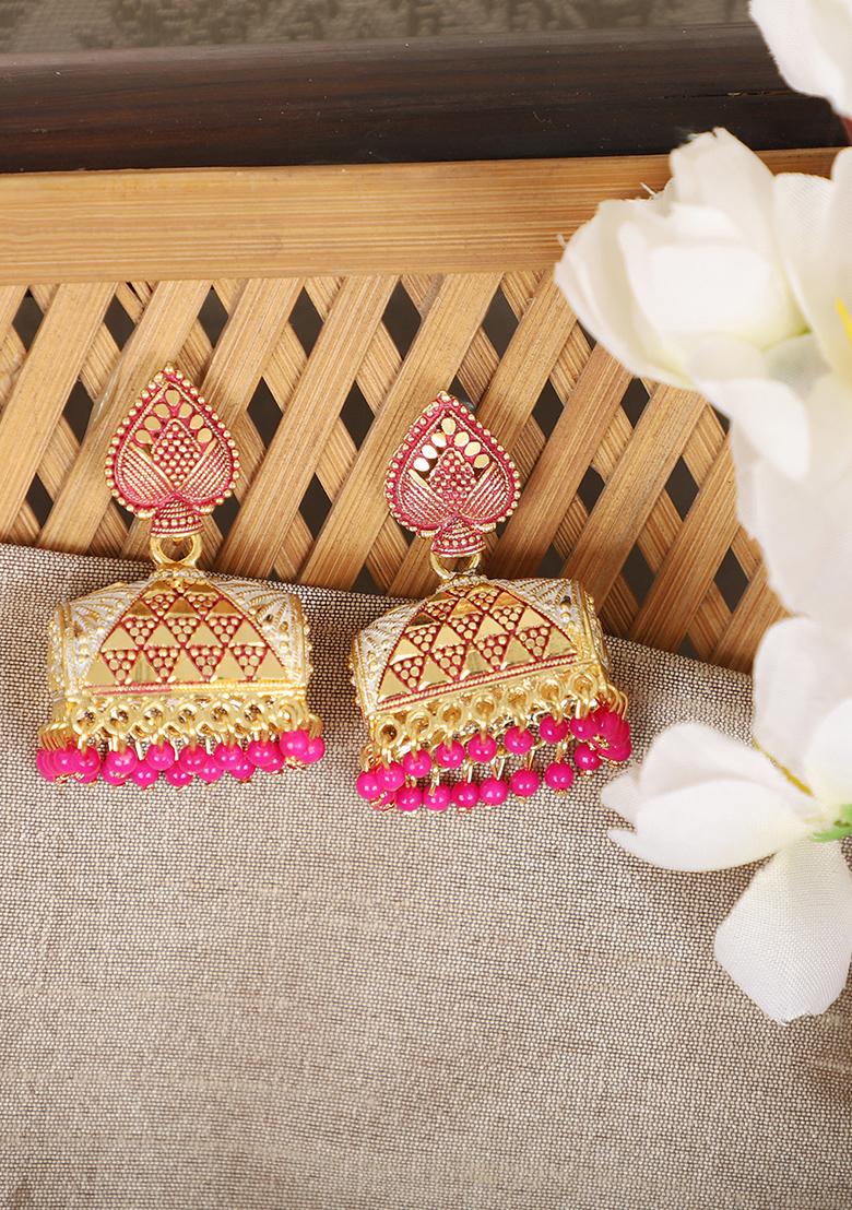 Pink Bead Jhumka Earrings