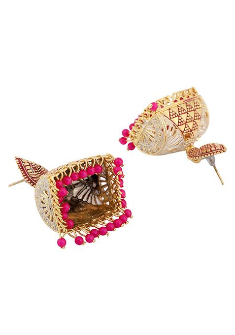 Pink Bead Jhumka Earrings