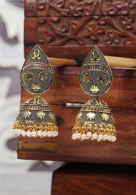 Gold Plated Bead Jhumka Earrings