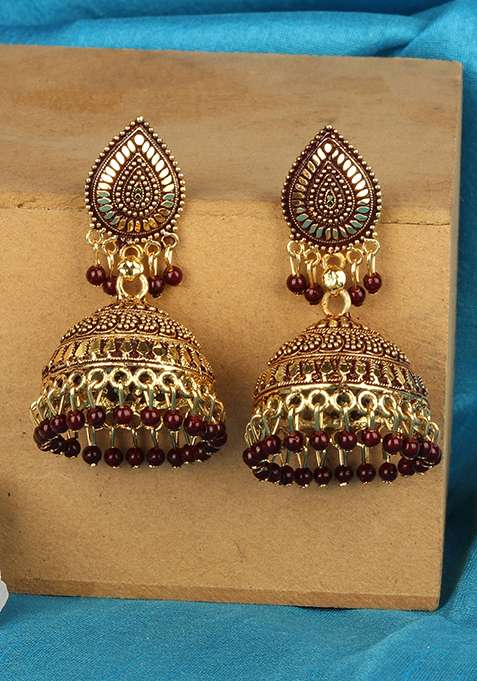 Maroon Bead Jhumka Earrings