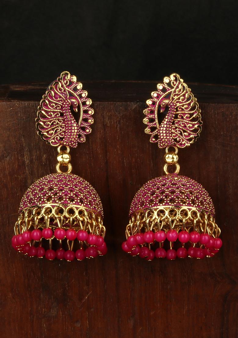 Magenta Bead Jhumka Earrings