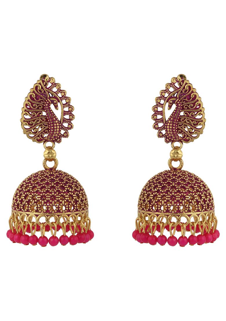 Magenta Bead Jhumka Earrings
