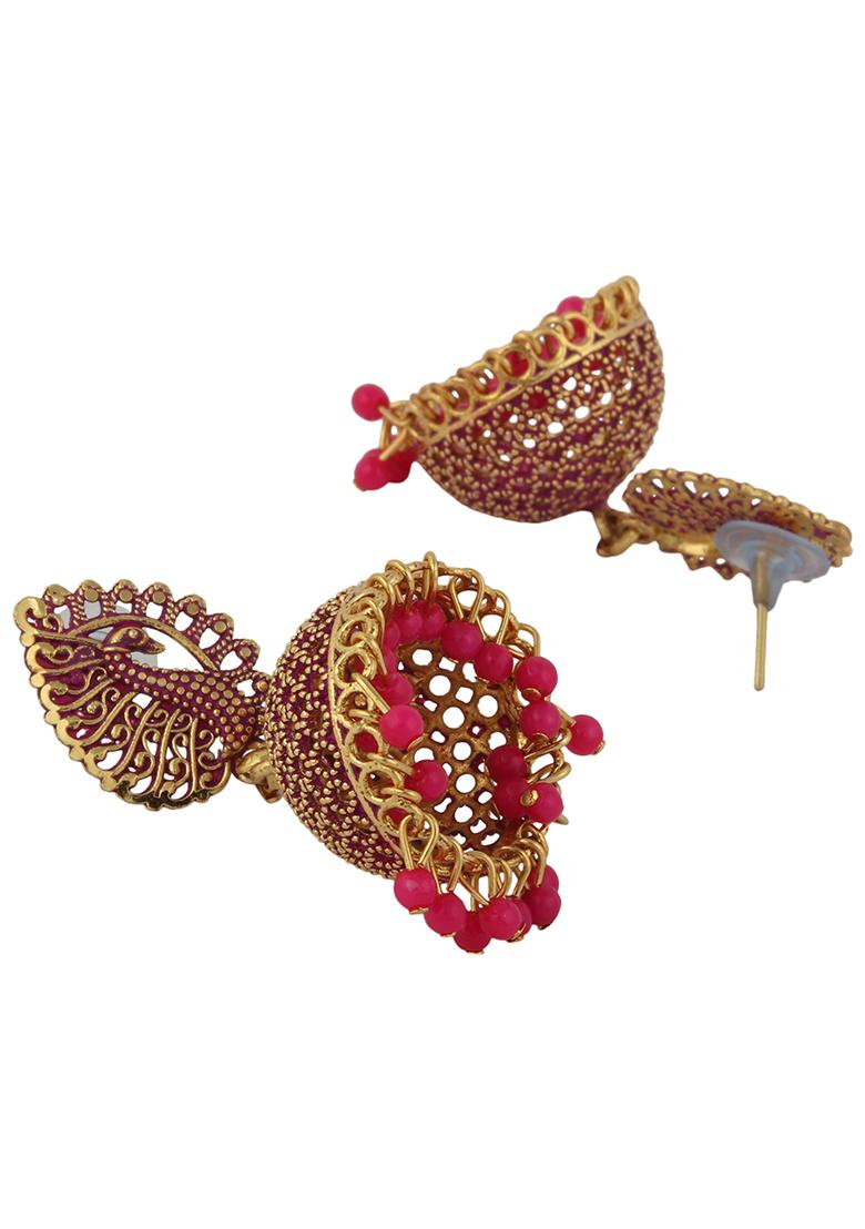 Magenta Bead Jhumka Earrings