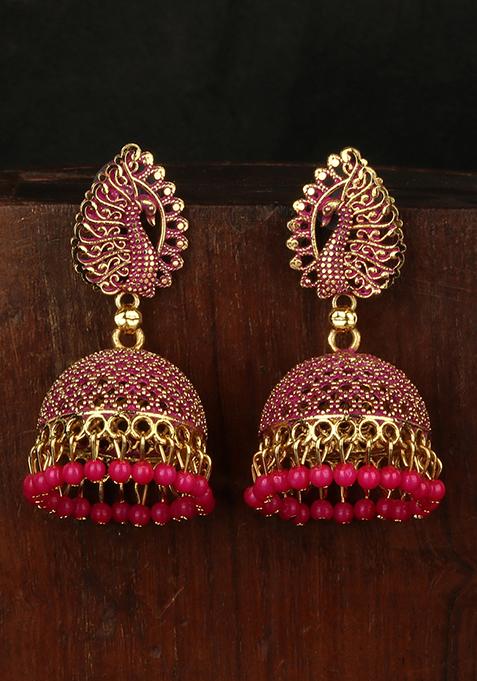 Magenta Bead Jhumka Earrings