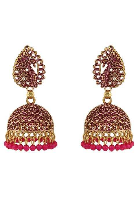 Magenta Bead Jhumka Earrings