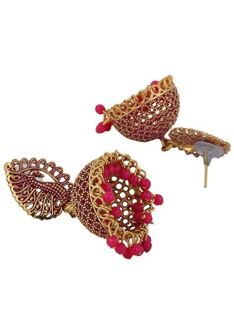 Magenta Bead Jhumka Earrings