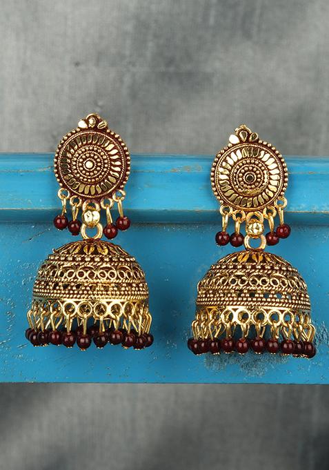 Maroon Bead Jhumka Earrings