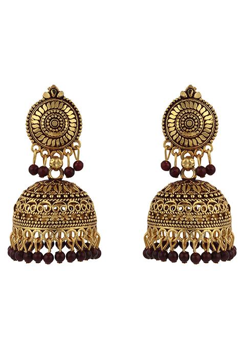 Maroon Bead Jhumka Earrings