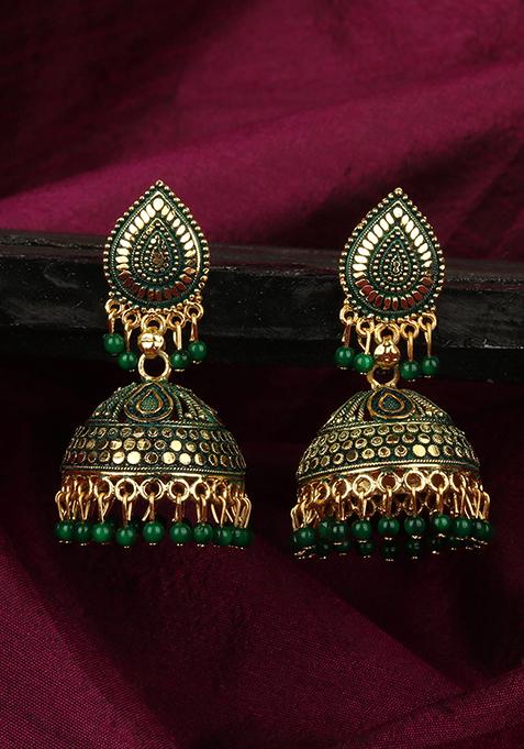 Green Bead Jhumka Earrings