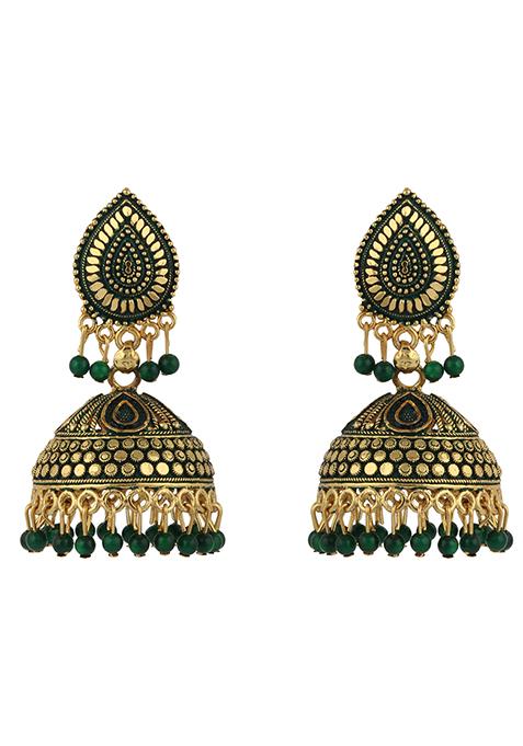 Green Bead Jhumka Earrings