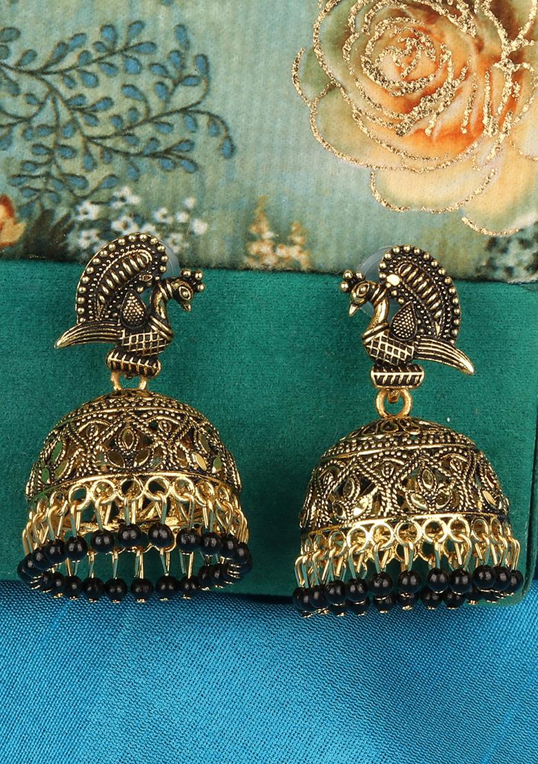 Black Bead Jhumka Earrings - Indya
