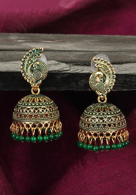 Green Bead Jhumka Earrings
