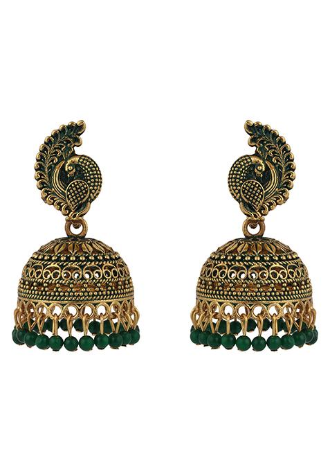 Green Bead Jhumka Earrings