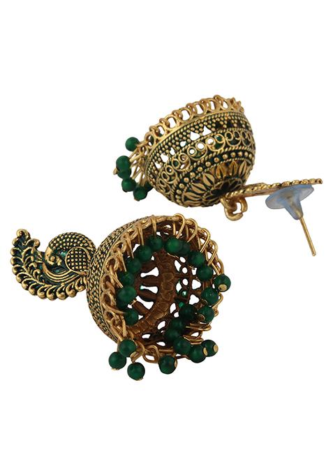 Green Bead Jhumka Earrings