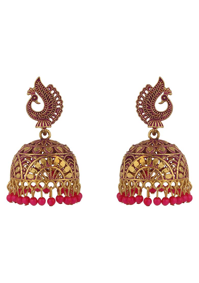 Magenta Bead Jhumka Earrings