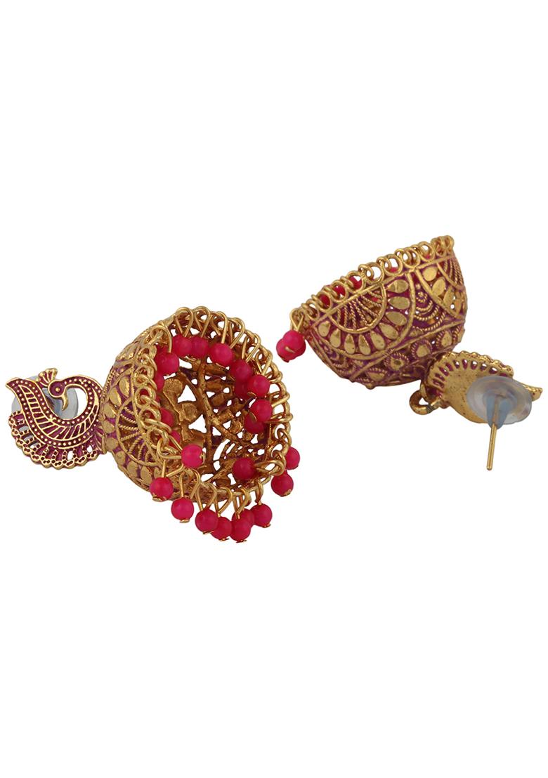 Magenta Bead Jhumka Earrings