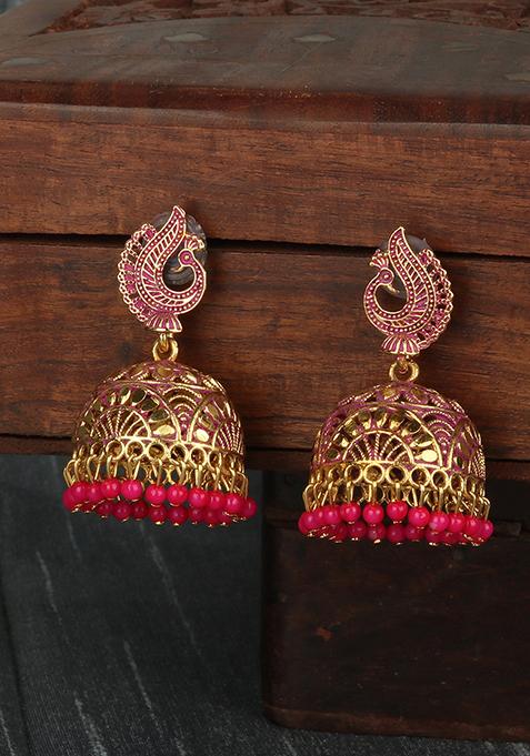 Magenta Bead Jhumka Earrings