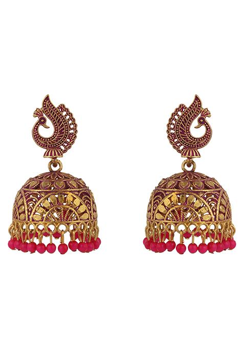 Magenta Bead Jhumka Earrings