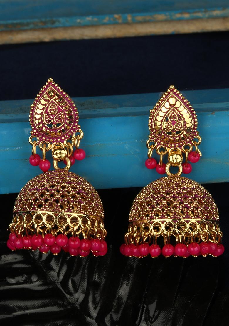 Magenta Bead Jhumka Earrings