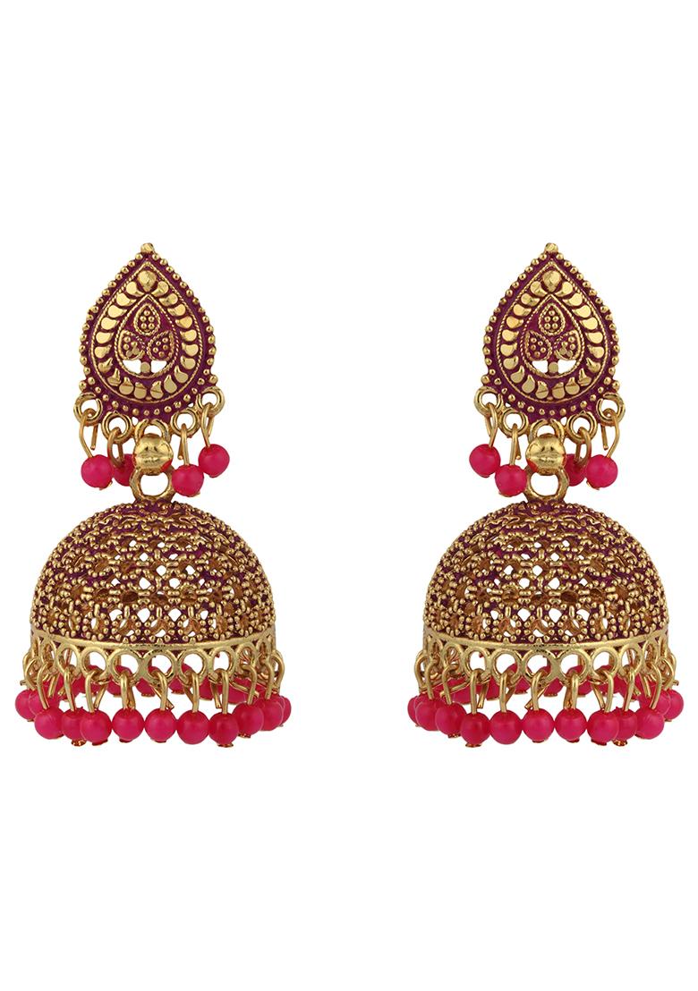Magenta Bead Jhumka Earrings