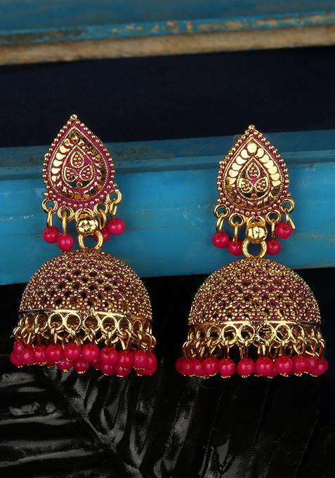 Magenta Bead Jhumka Earrings