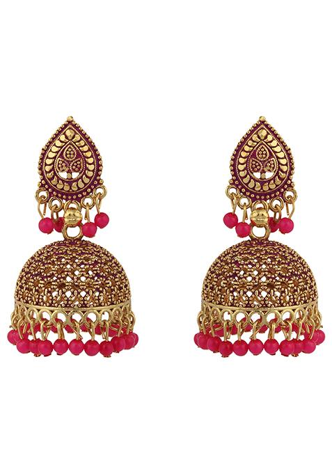 Magenta Bead Jhumka Earrings