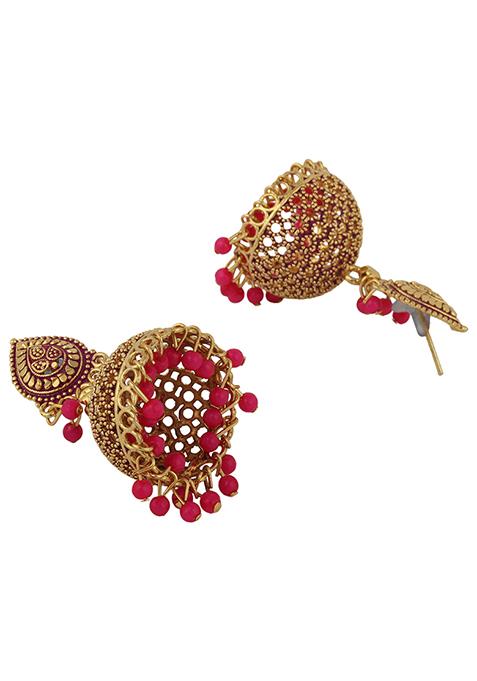 Magenta Bead Jhumka Earrings