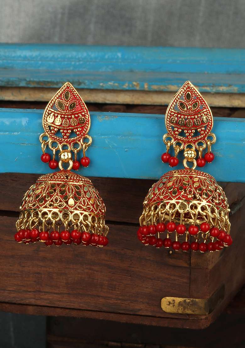 Red Bead Jhumka Earrings - Indya