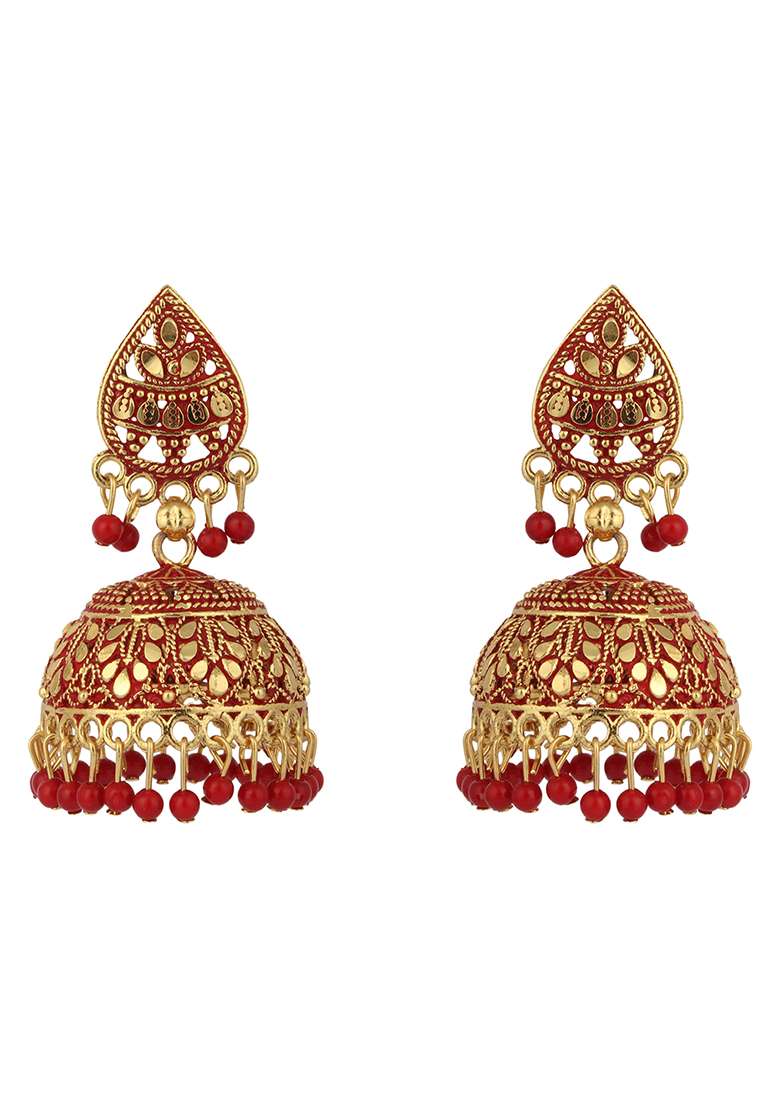 Red Bead Jhumka Earrings - Indya