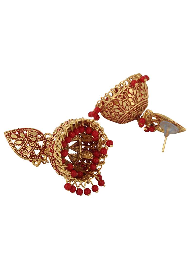 Red Bead Jhumka Earrings - Indya