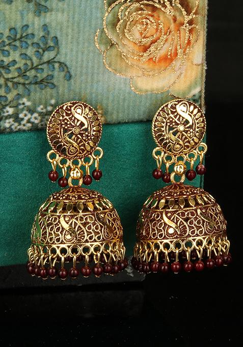 Maroon Bead Jhumka Earrings