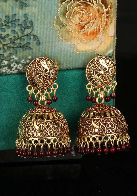 Maroon Bead Jhumka Earrings