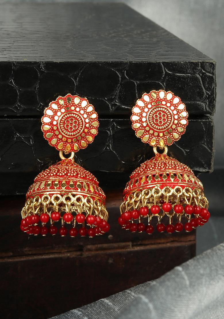 Red Bead Jhumka Earrings