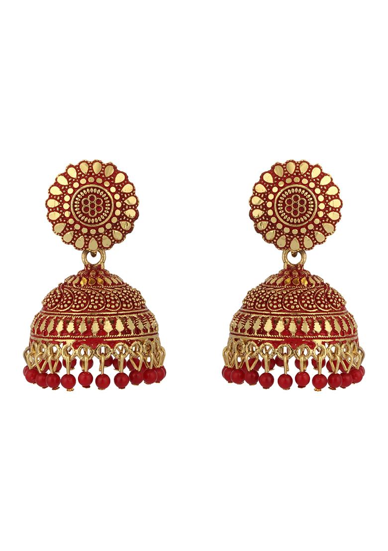 Red Bead Jhumka Earrings