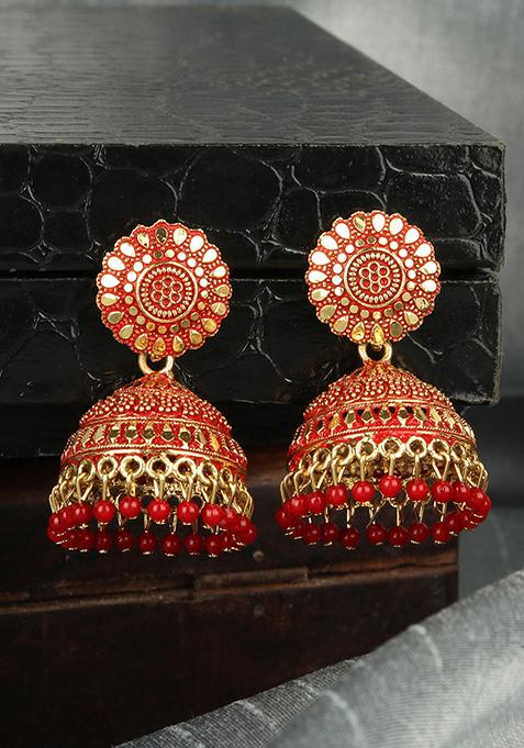 Red Bead Jhumka Earrings