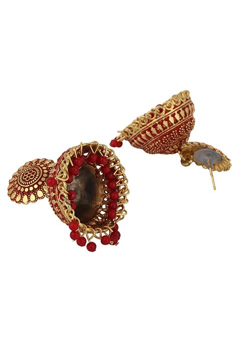 Red Bead Jhumka Earrings