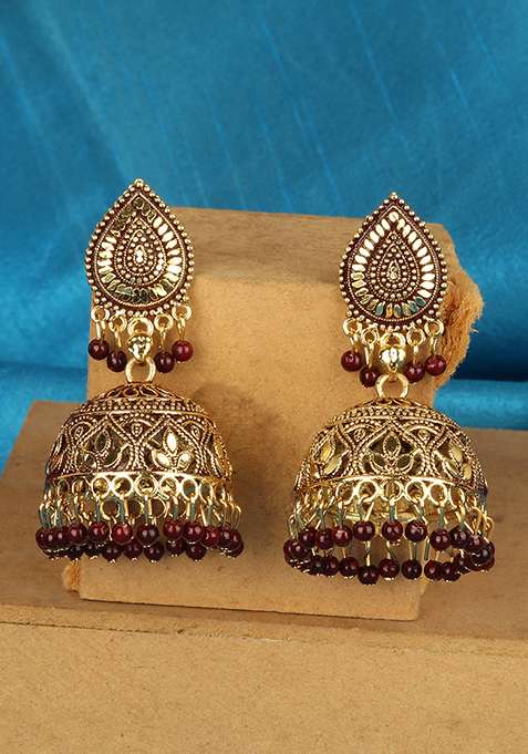 Maroon Bead Jhumka Earrings