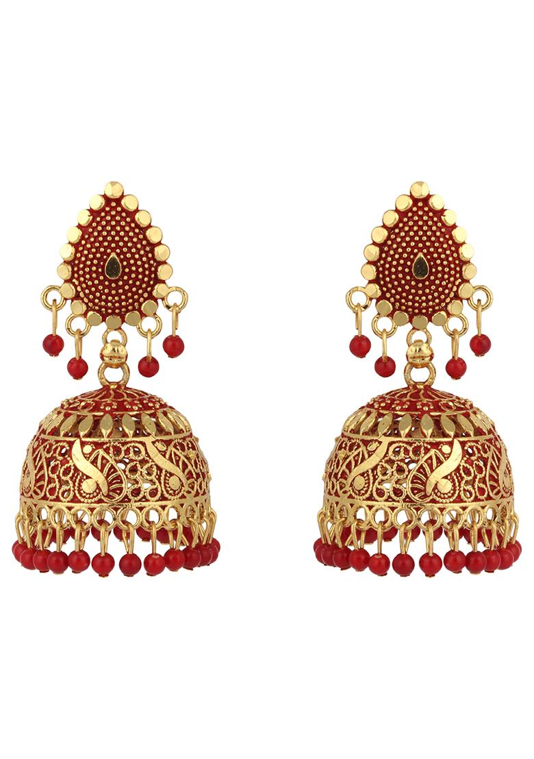 Red Bead Jhumka Earrings
