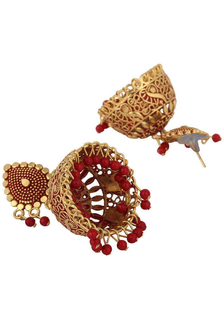 Red Bead Jhumka Earrings