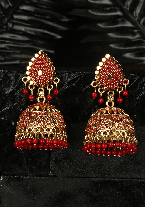 Red Bead Jhumka Earrings